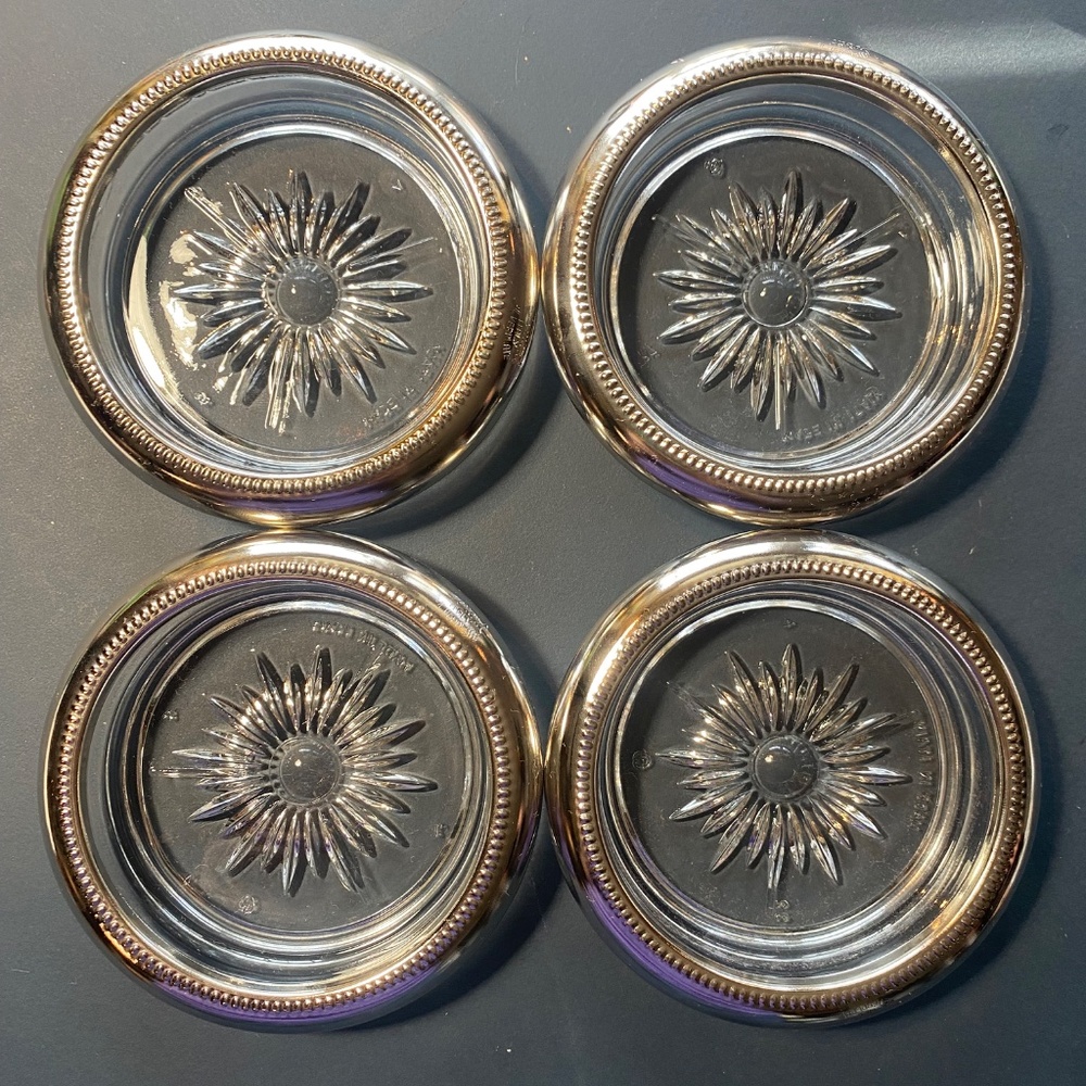 Set of 4 MCM Leonard Silver plated Glass Coasters Starburst.  Made in Italy